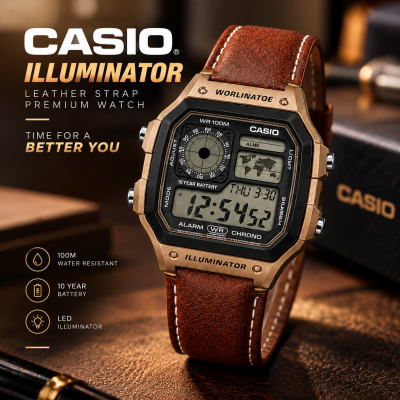Casio Illuminator Vintage Digital Leather Strap Watch – World Map Display, Long Battery Life, Water Resistant, Formal & Casual Wristwatch with Premium Gift Box & Extra Batteries